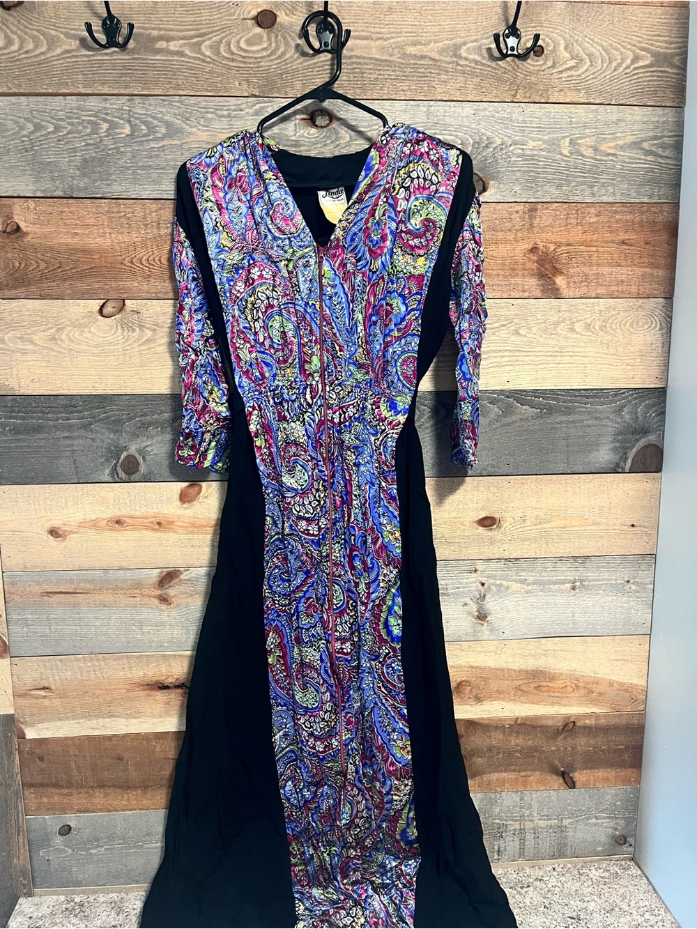 Linda Los Angeles Black Vintage Maxi Dress Paisley Front Panel - Women's Size 16
